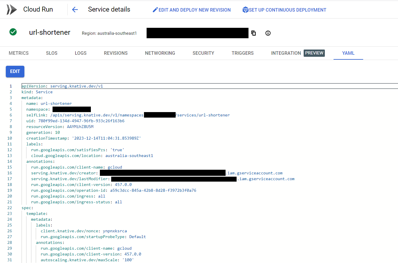 Screenshot of sample Google Cloud Run service YAML